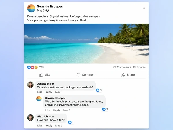 A travel Facebook post with two customer questions and a reply from the Page