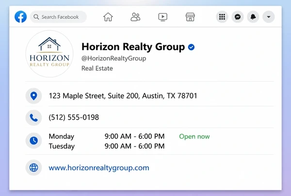 The About section of a real estate Facebook Page showing address, phone, hours and link