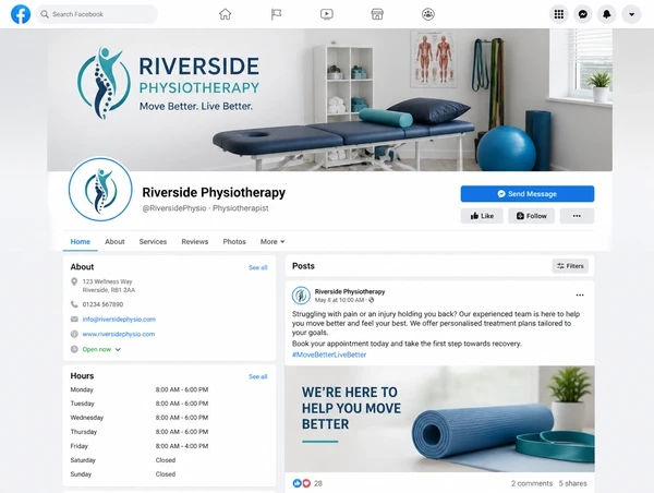A Facebook business page for a physiotherapy clinic with posts, hours and a message button