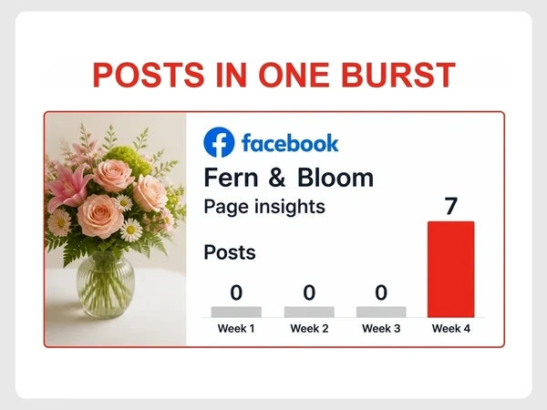 Fern & Bloom shows Facebook post counts of zero, zero, zero, and seven across four weeks.