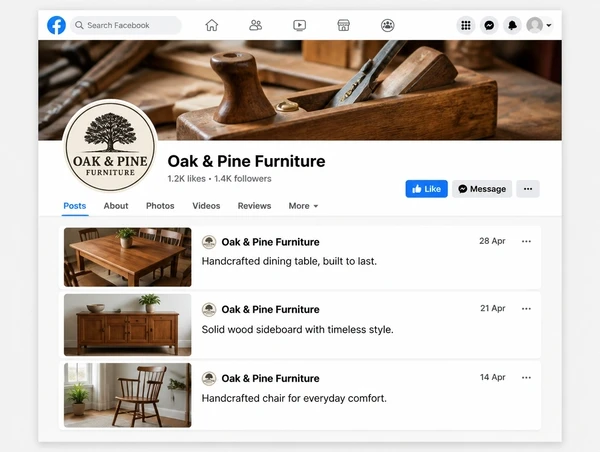 A furniture maker Facebook Page timeline with three recent posts and a cover photograph