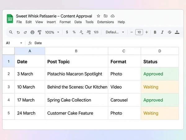 A Google Sheets approval list of four planned patisserie posts with status cells