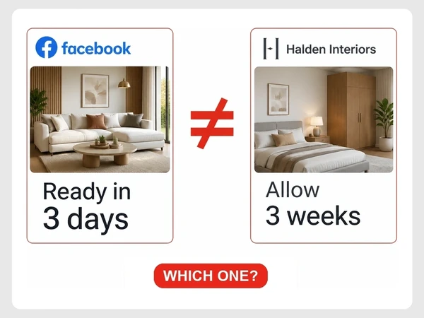 Halden Interiors shows a Facebook ad promising three days while its page says three weeks.