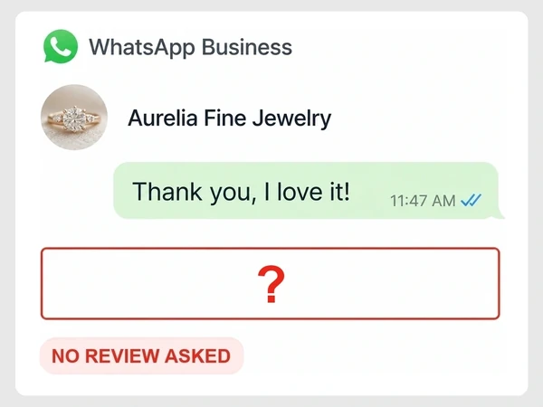 Aurelia Fine Jewelry shows a happy WhatsApp customer message followed by a red question mark in the review request area.