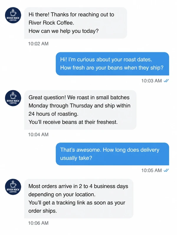 A Messenger conversation where a customer asks about roast dates and delivery