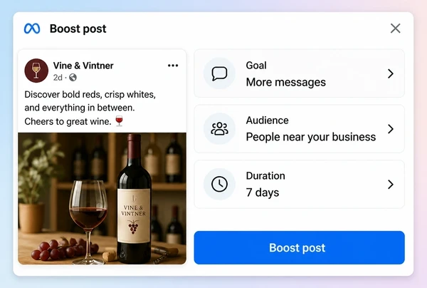 A Meta Business Suite boost panel setting goal, audience and duration for a wine merchant post