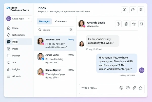 A Meta Business Suite Inbox with a yoga studio customer question and an agreed reply
