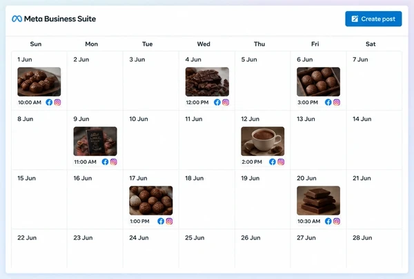A Meta Business Suite Planner month with six scheduled posts for a chocolate maker