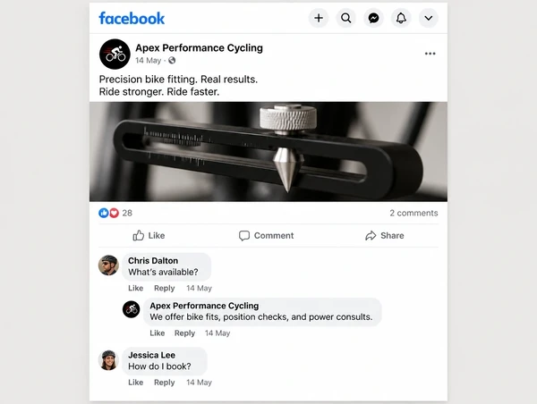 A performance cycling Facebook post with two customer questions and a reply from the Page