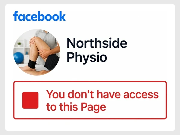 Northside Physio shows a Facebook login message stating it does not have access to the Page.