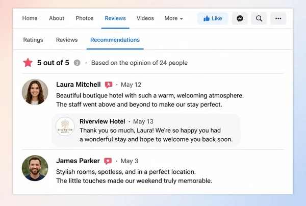 Two recommendations on a boutique hotel Facebook Page, one with a reply from the business