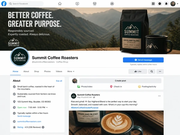 A business Facebook page with posts and a message button