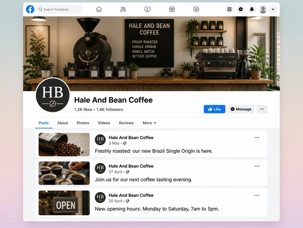 A coffee roastery Facebook page with its cover photo and three recent posts below it