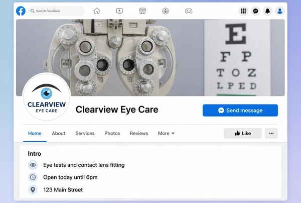 A Facebook business page with a cover photo, message button and a three line intro panel