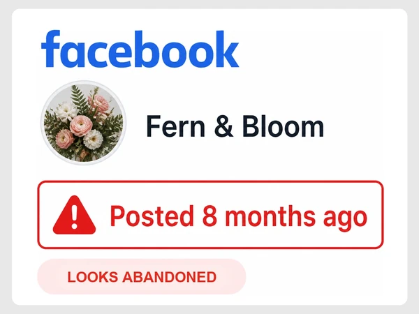 Fern & Bloom Facebook page shows its latest post was eight months ago beside a red warning triangle.