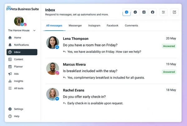 A Meta Business Suite inbox with three guest questions and the replies sent back