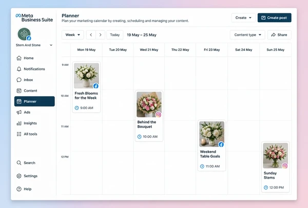 A Meta Business Suite planner week with four scheduled florist posts and their times
