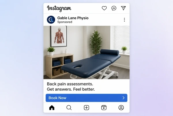 A sponsored physiotherapy post in the Instagram feed with a short caption and a Book Now button