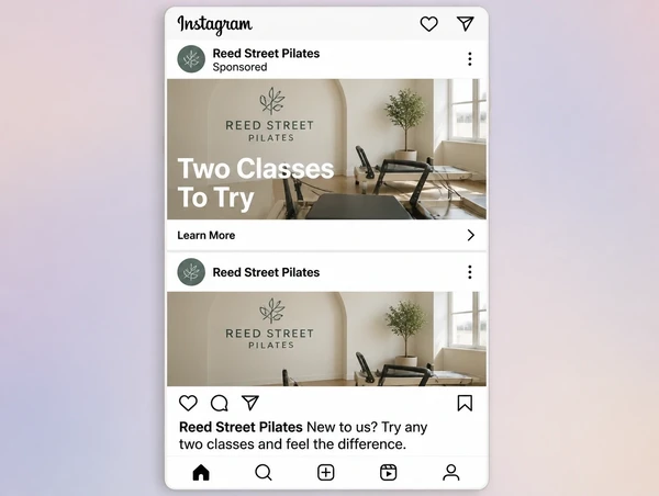 A sponsored pilates post above an ordinary post, both carrying the same two class offer