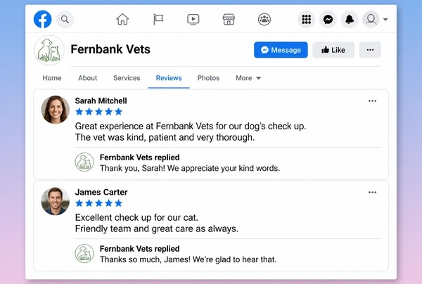 Two five star recommendations on a Facebook page, each with a reply from the practice