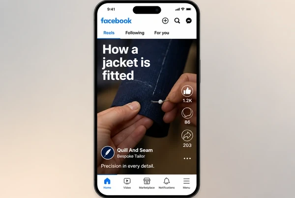 A tailoring reel playing on a phone with a caption and like, comment and share counts
