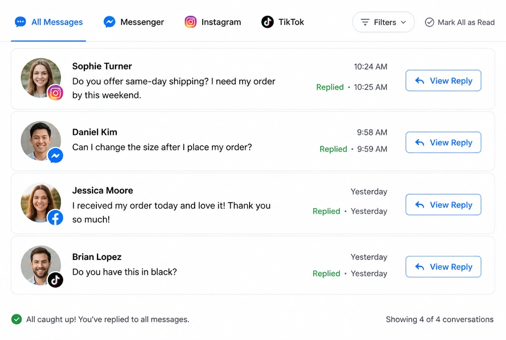 A social inbox showing customer messages answered quickly