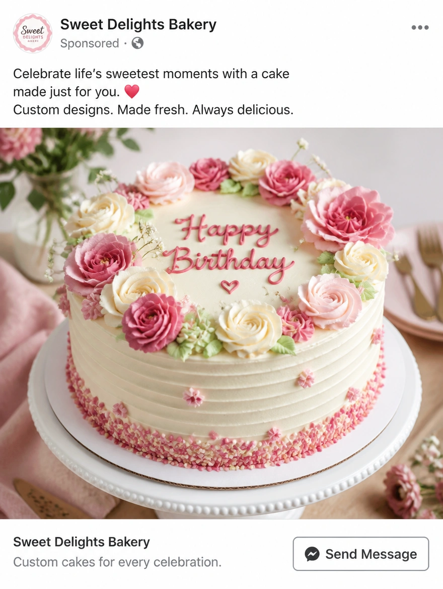 A mobile Facebook feed advert for a bakery with a sponsored label and a message button