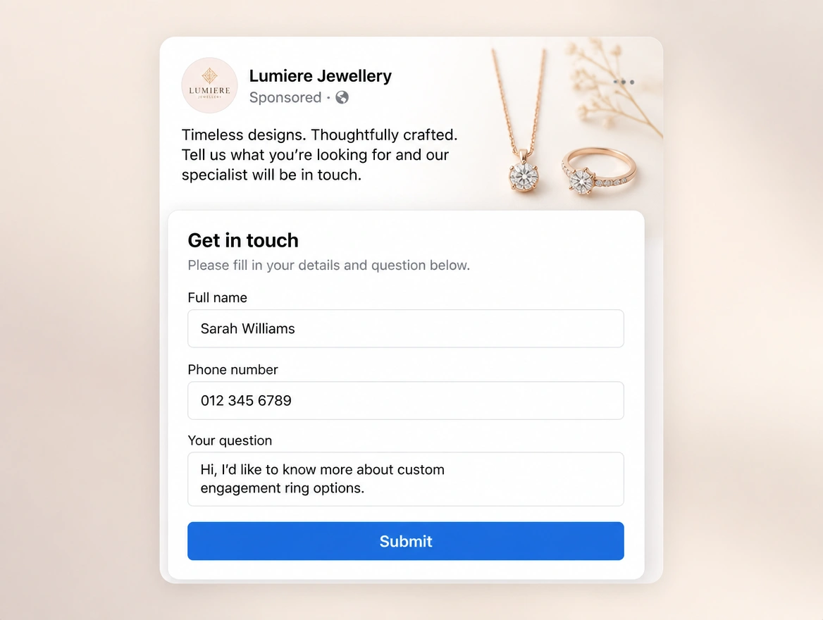 Website mockup showing lead forms in app