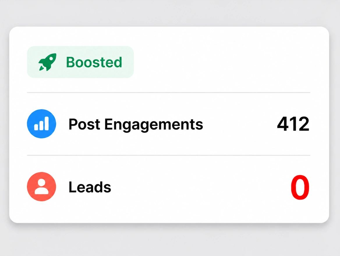 A boosted post insights panel showing post engagements above a red row reading leads zero