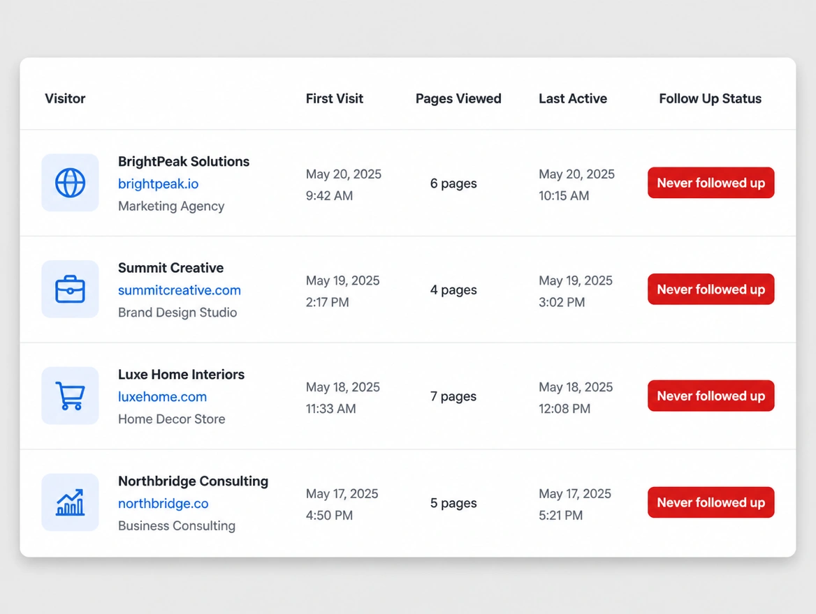 A list of website visitors carrying a red label reading never followed up