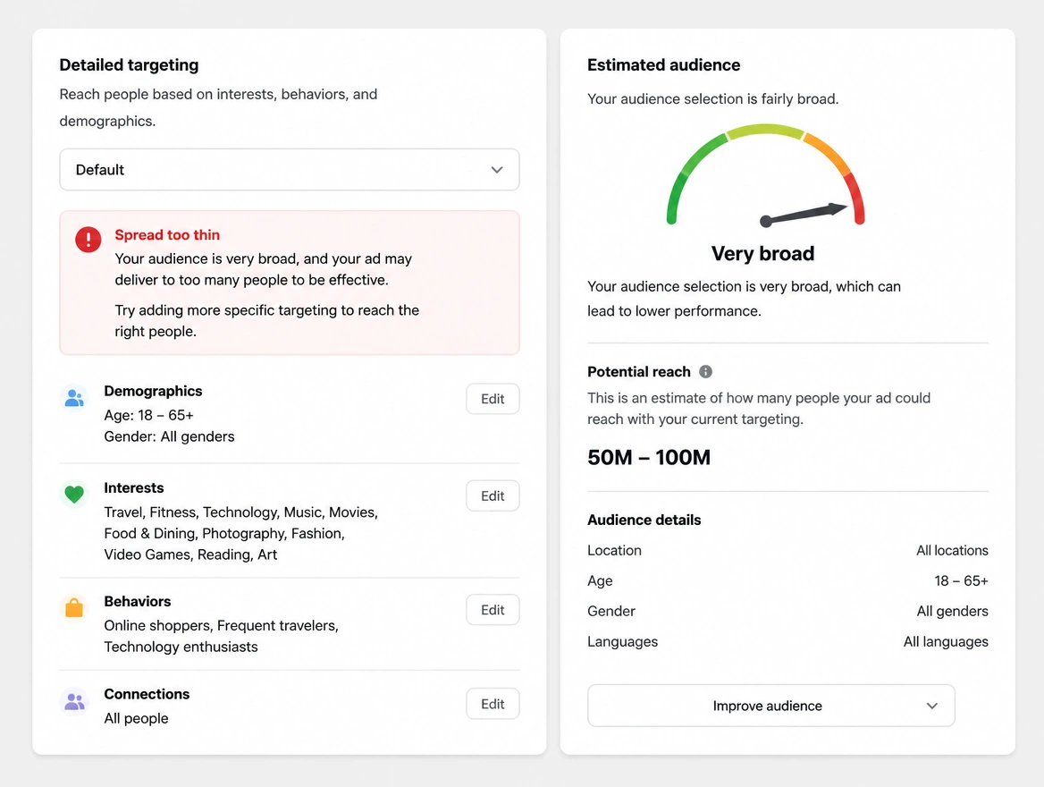 An advert delivery panel with targeting left on default and a red warning reading spread too thin