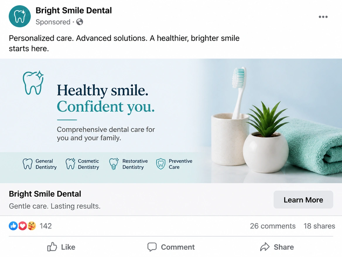 Facebook feed advert for a dental clinic with a headline card and a Learn More button
