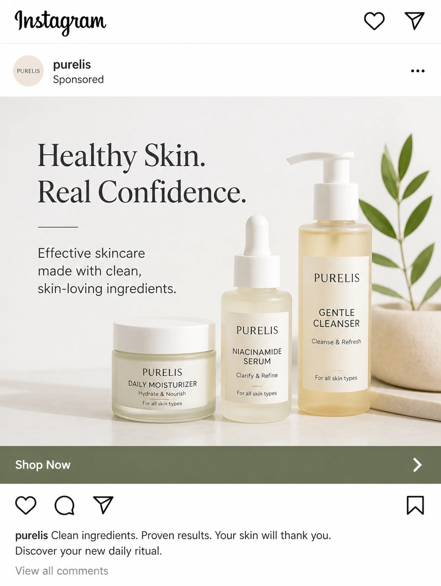 Tall Instagram feed advert for a skincare brand with a Shop Now button
