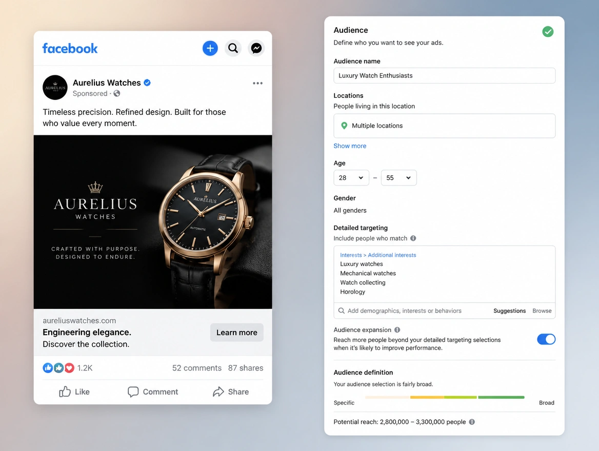 Website mockup showing cold audience campaigns