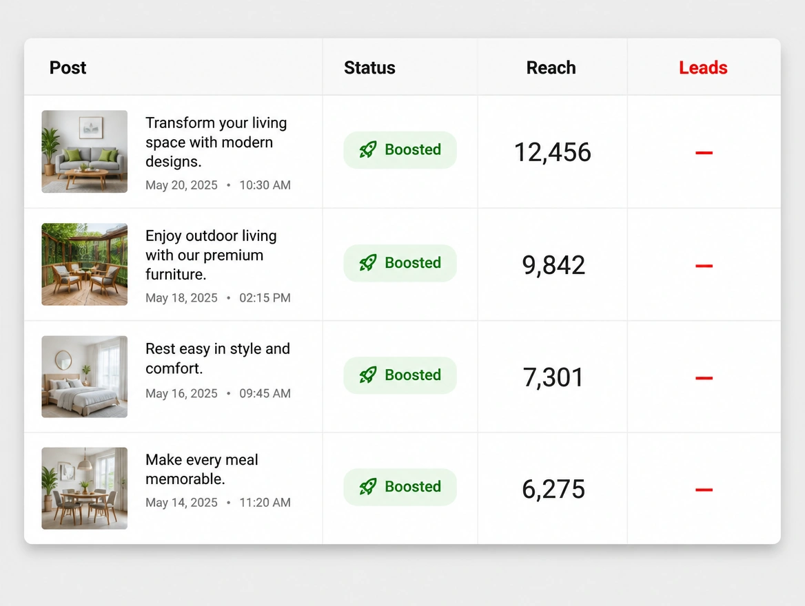 A list of boosted posts with reach recorded and the leads column empty