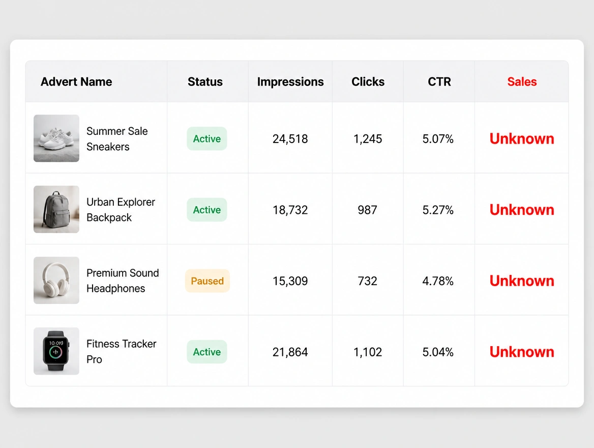An advert results table where the sales column reads unknown on every row