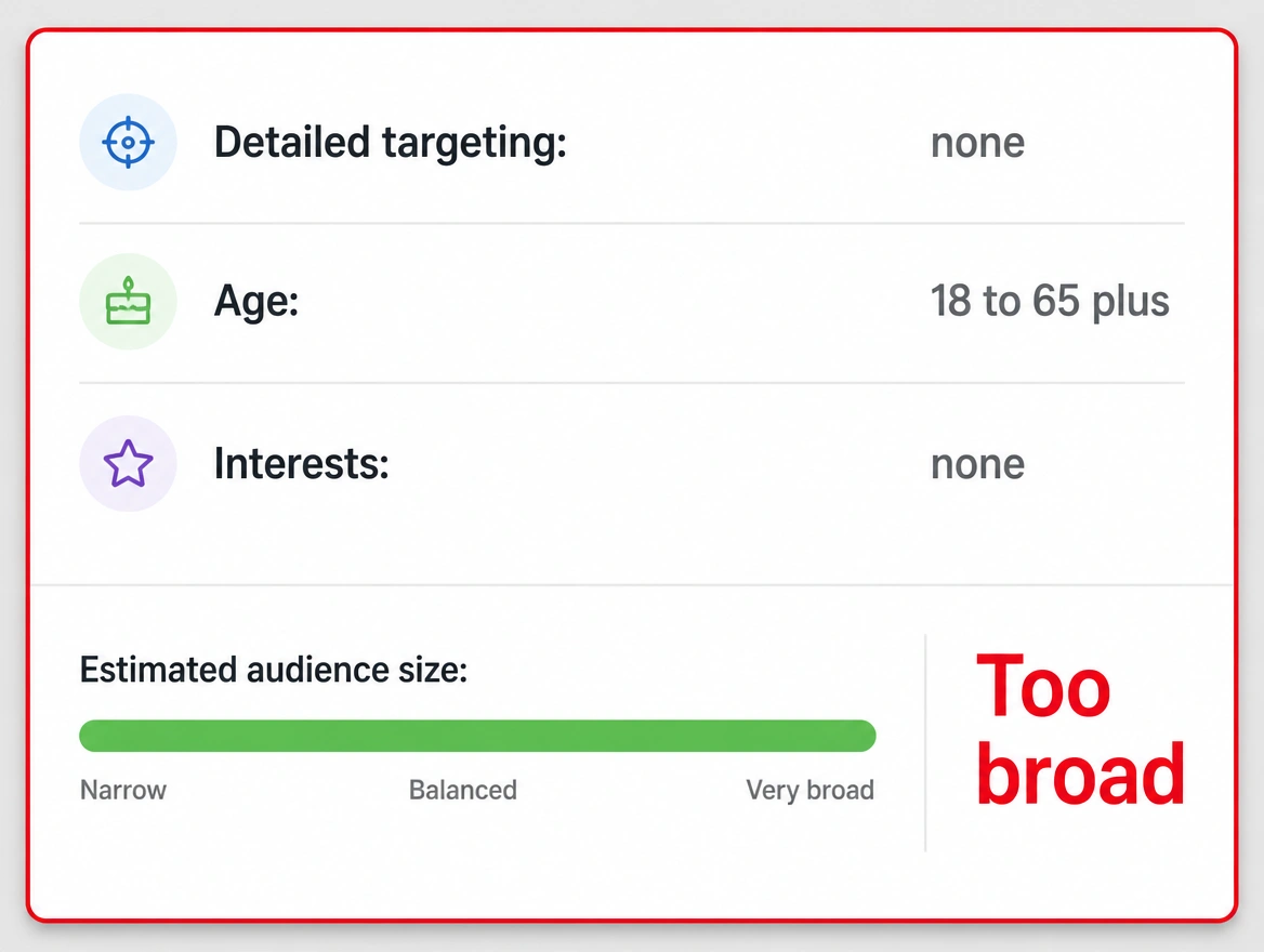An audience settings panel with no targeting and a very broad estimated audience
