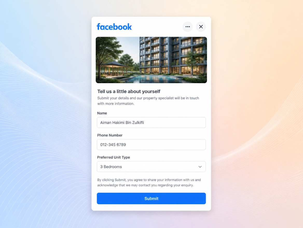 Website mockup showing lead generation forms