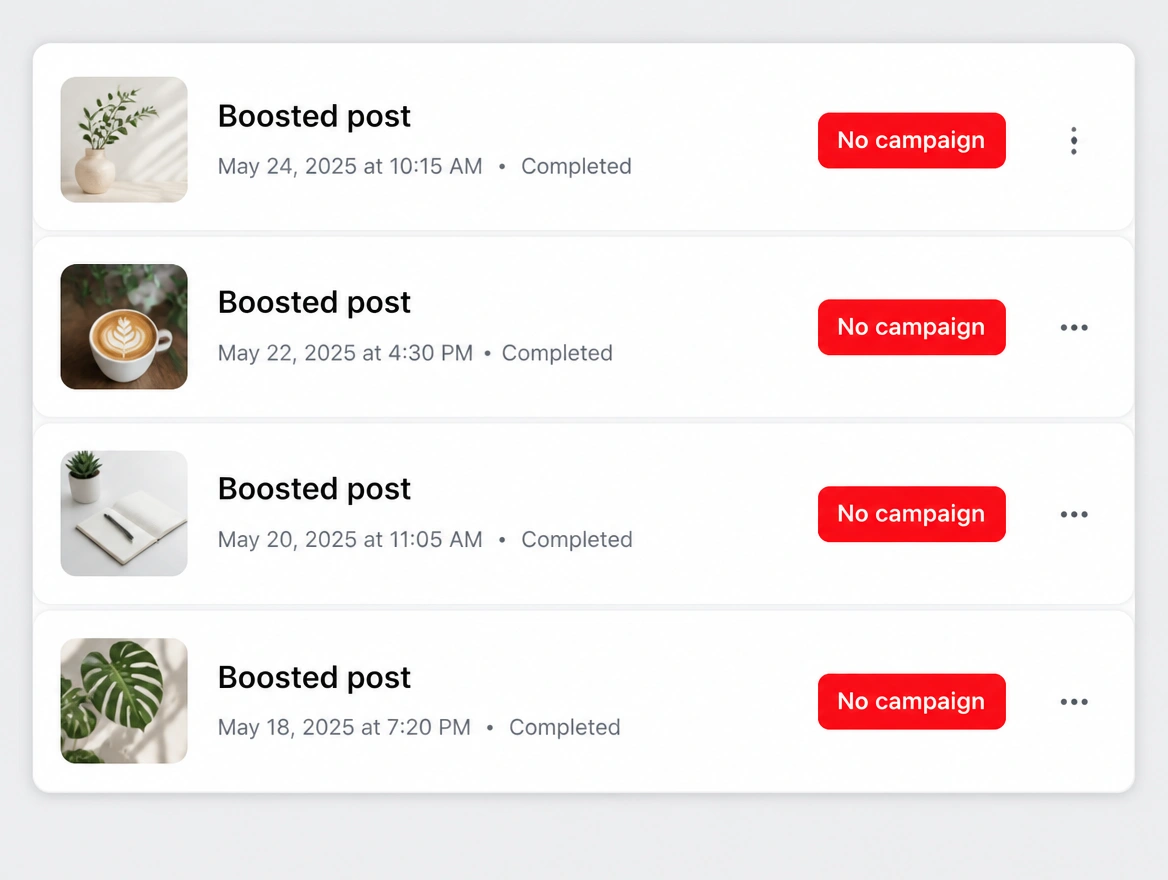 Four boosted posts in a row, each stamped as having no campaign behind it
