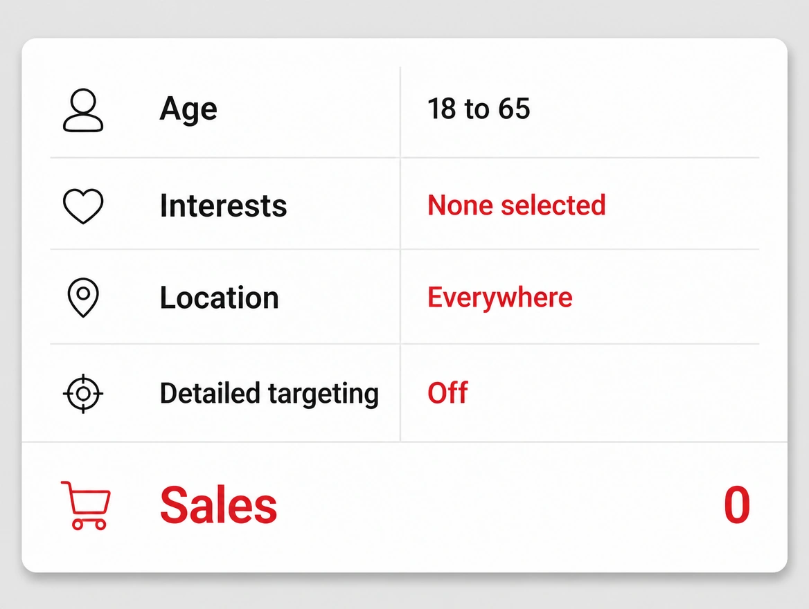 Targeting settings left wide open with no interests and zero sales