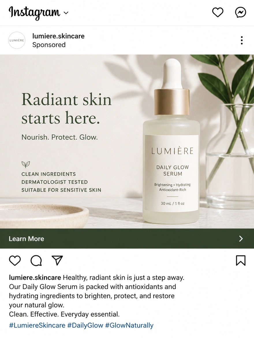 An Instagram feed advert for a skincare brand with a Learn More button