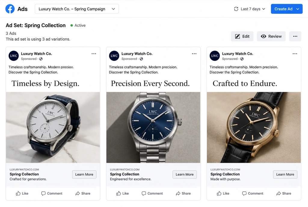 Three variations of one watch advert side by side, each with its own headline