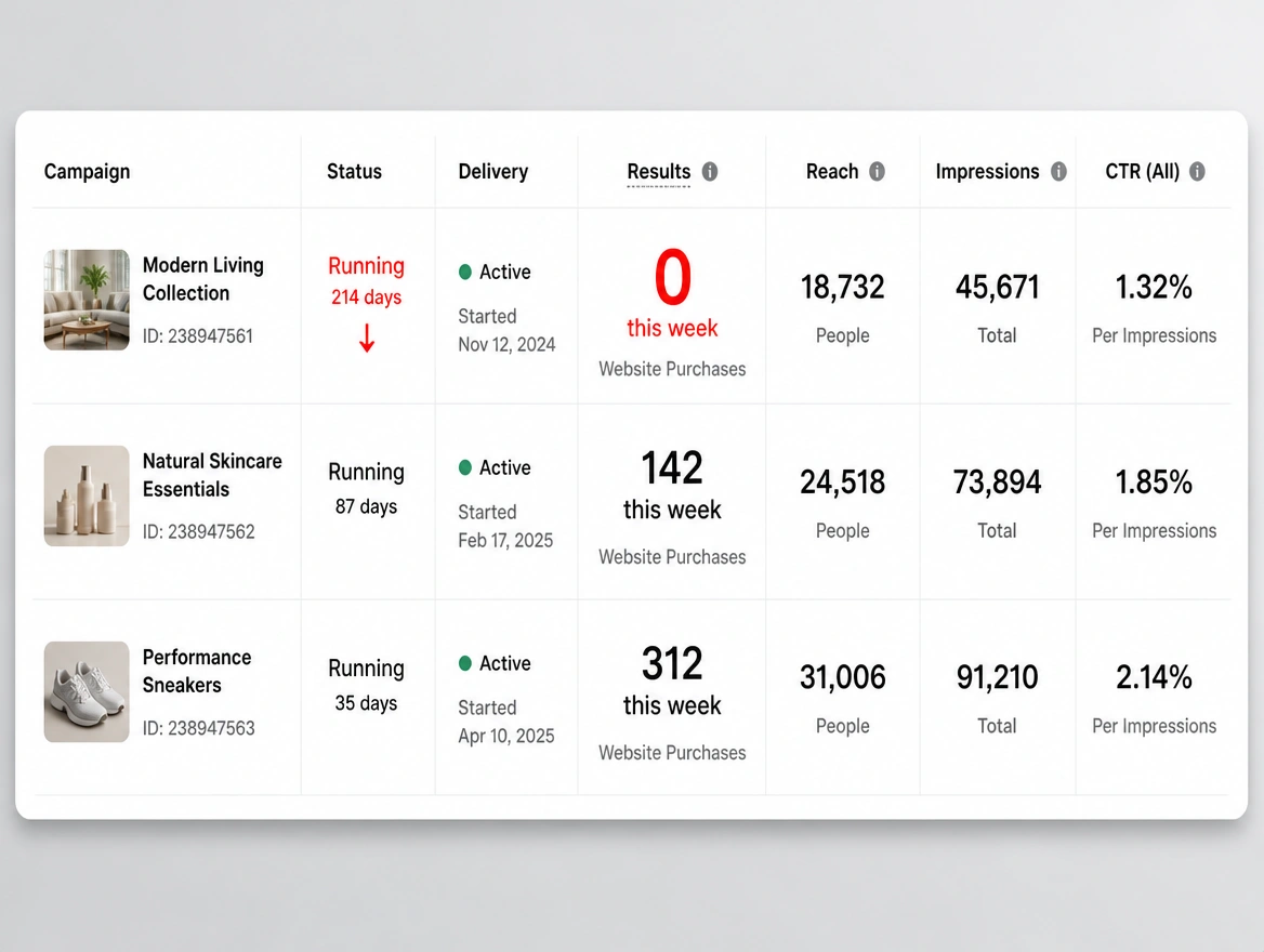 An advert running 214 days with zero results this week marked in red