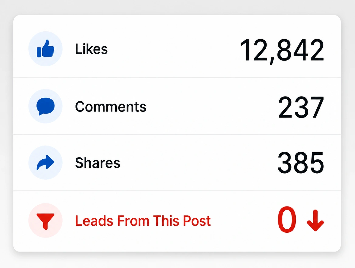 A post insights panel with thousands of likes and zero leads from the post