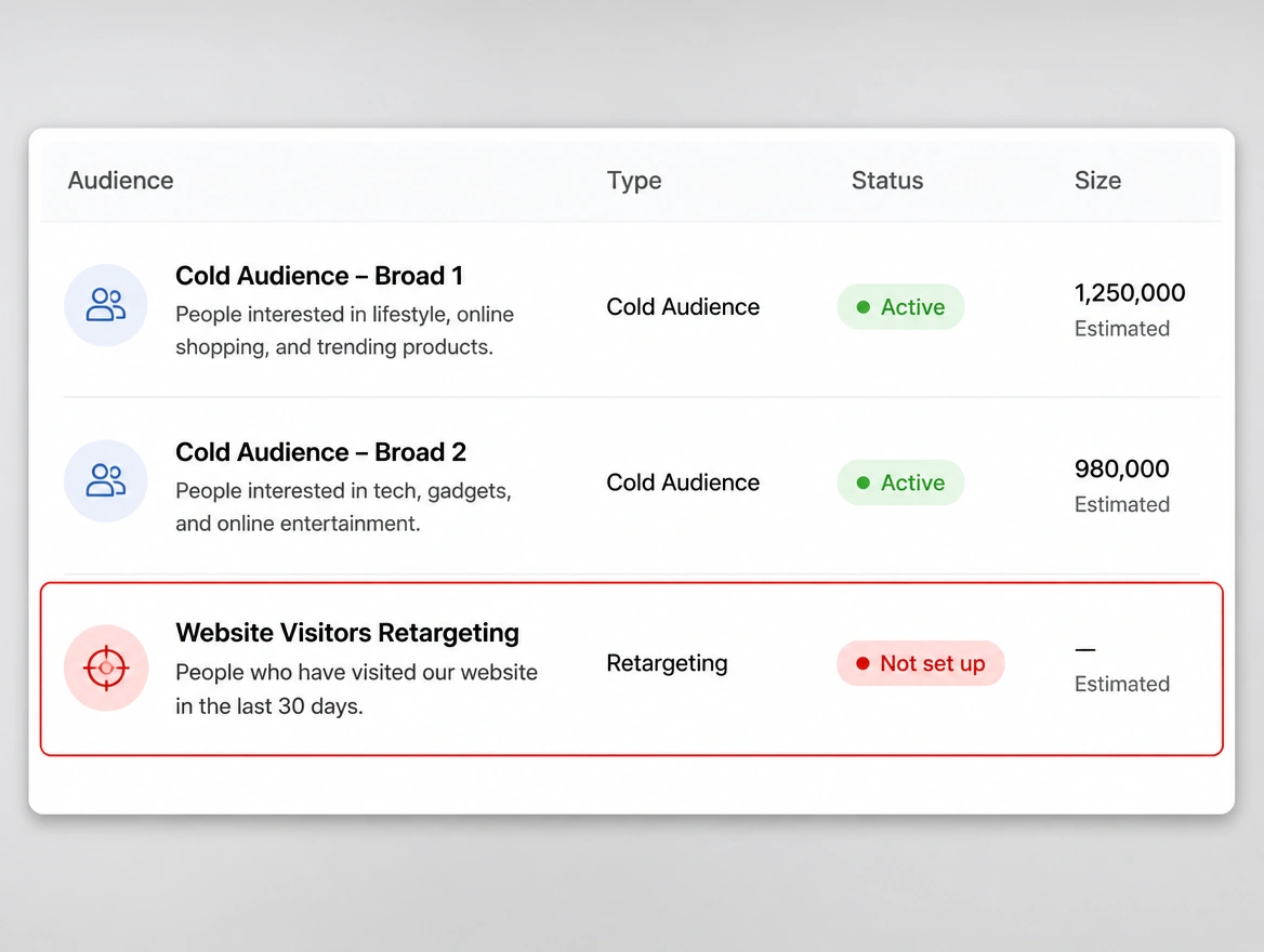 An audience list where the website retargeting audience is not set up