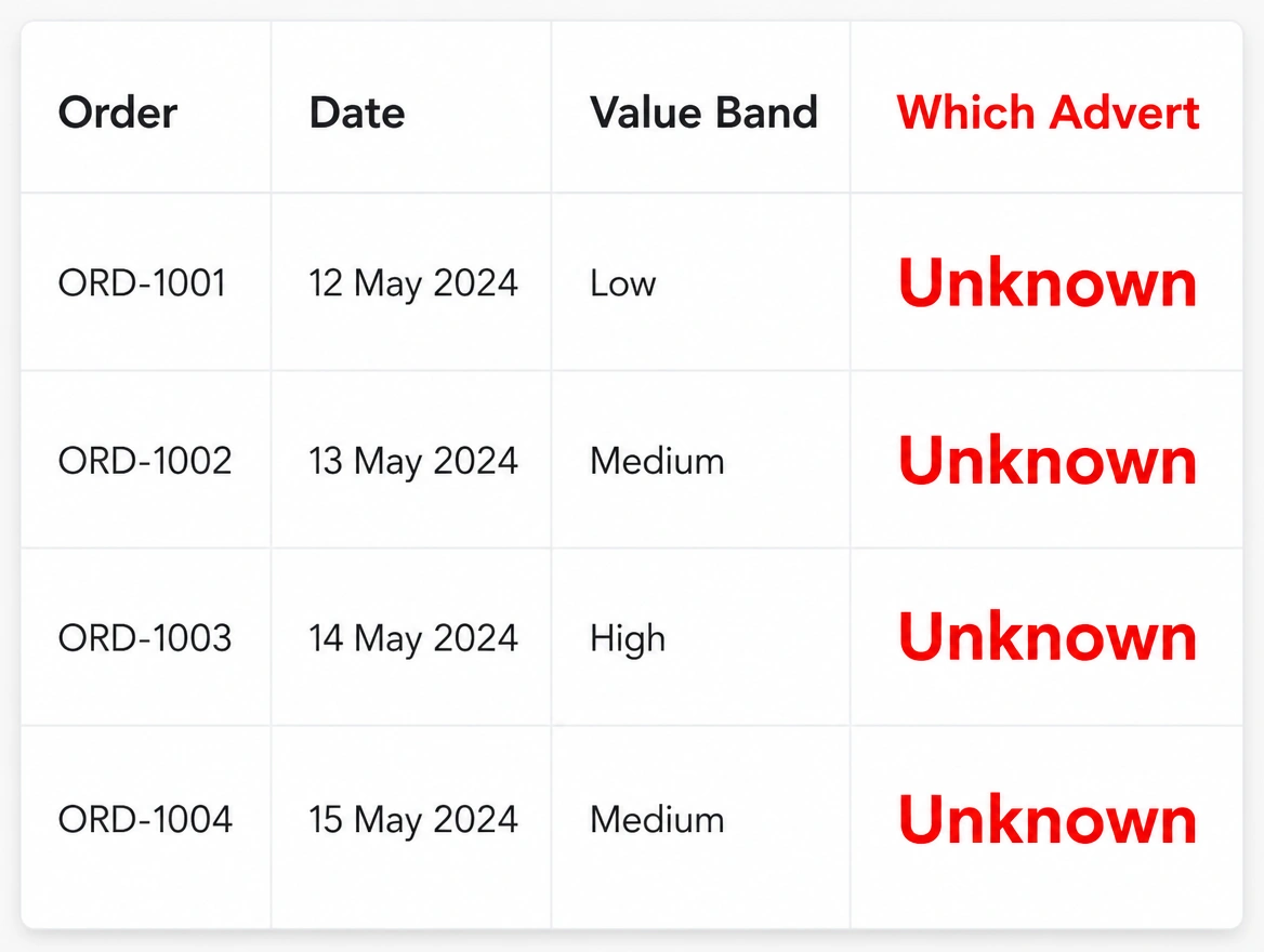 A sales table where every order shows an unknown advert
