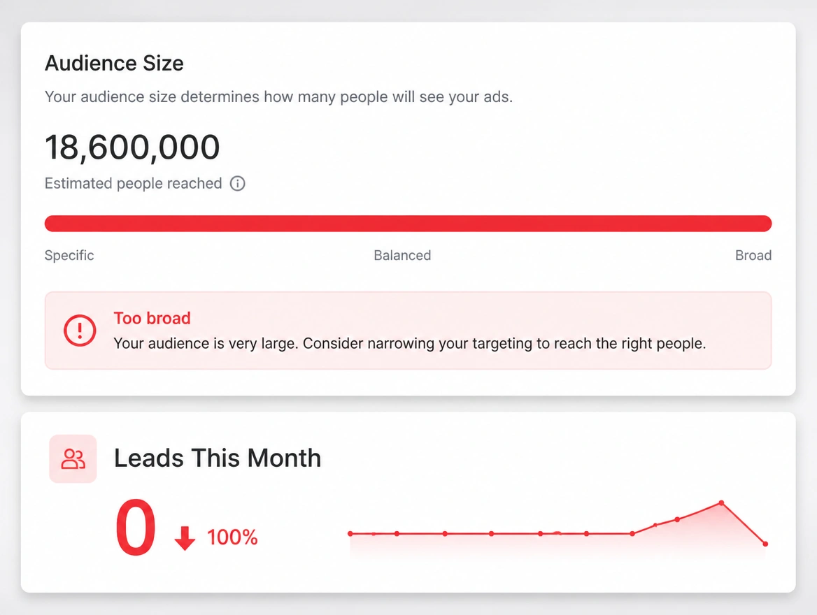 An audience size panel marked too broad with zero leads this month