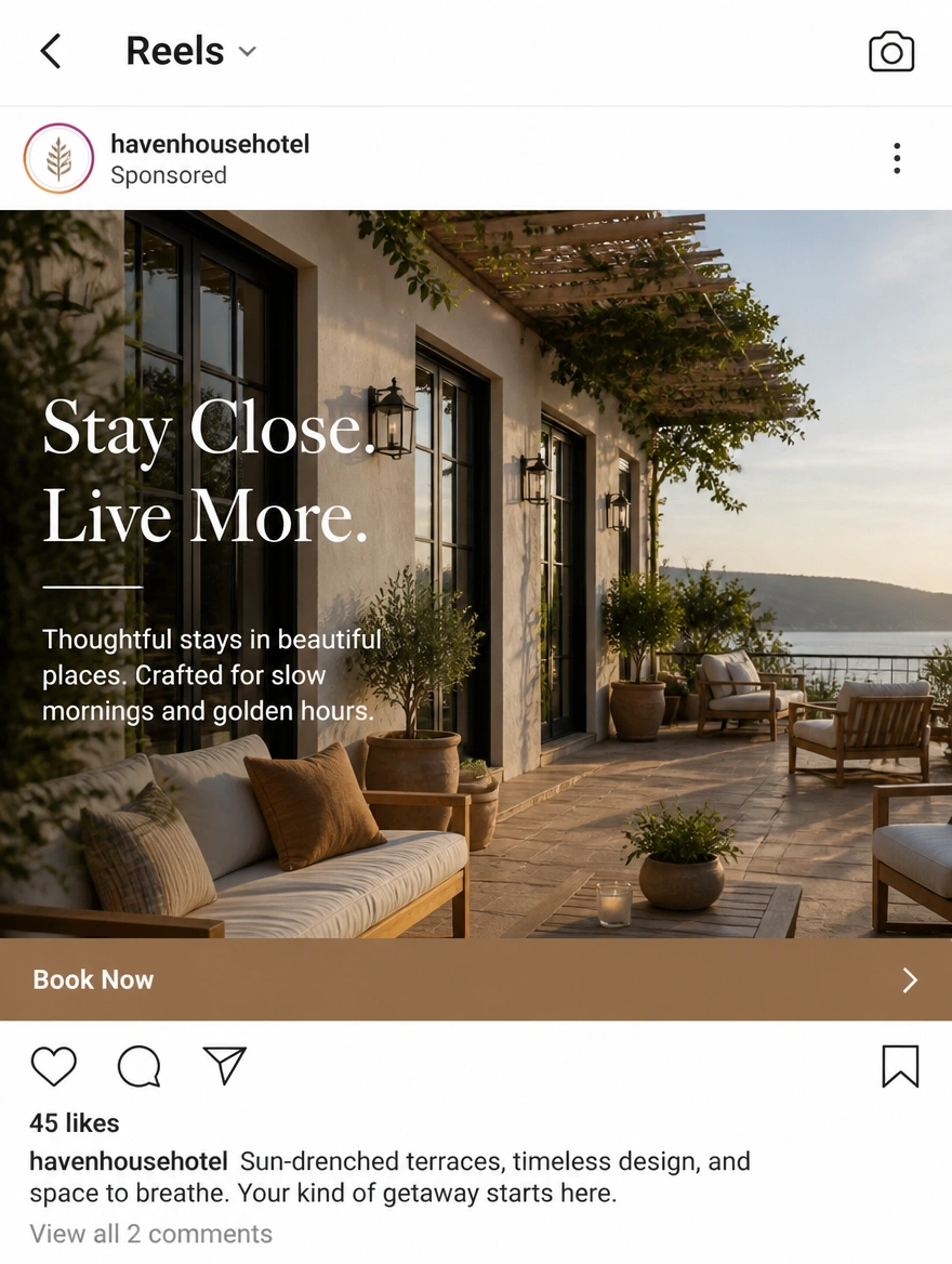 An Instagram Reels advert for a boutique hotel with a Book Now button