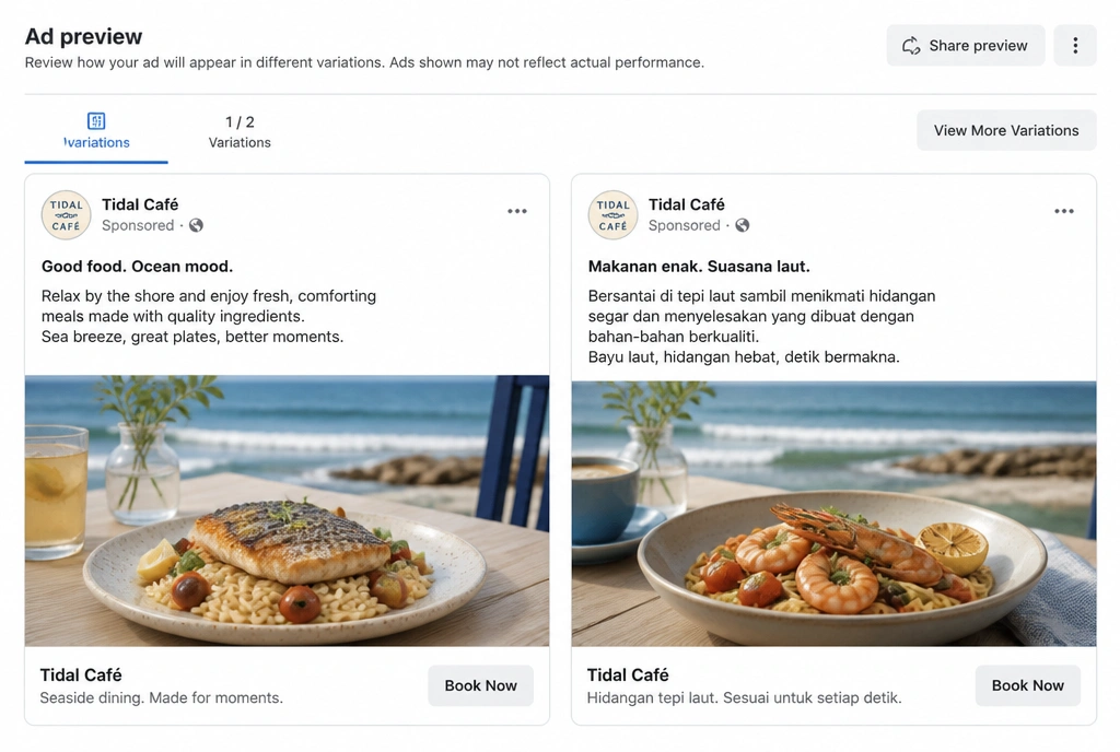 One cafe advert shown twice side by side, once in English and once in Malay
