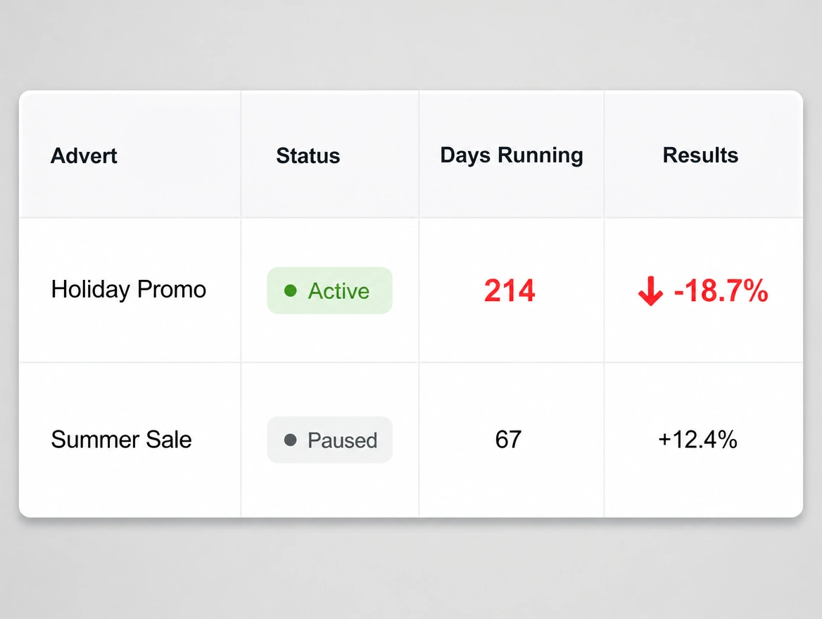 A holiday advert on its 214th day with its results down, both figures in red